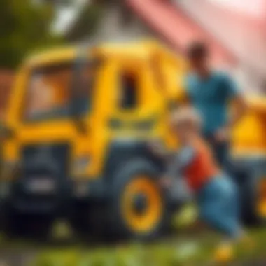 A parent supervising their child playing with a large toy truck, promoting safe playtime.
