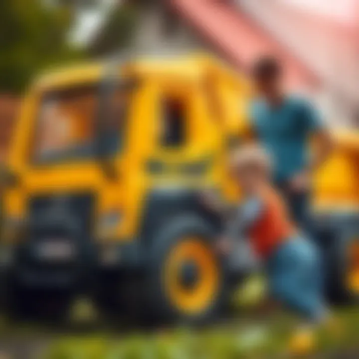 A parent supervising their child playing with a large toy truck, promoting safe playtime.