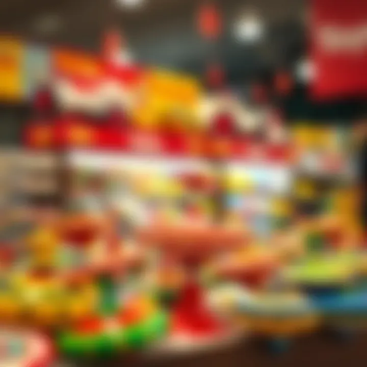 Parents selecting spinning tops in a toy store