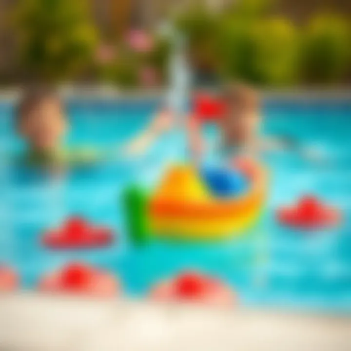 A colorful toy boat floating in a pool with happy children around