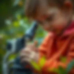 A child using a toy microscope to examine a leaf
