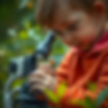 A child using a toy microscope to examine a leaf