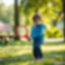 A child playing with a toy racket in a bright park setting