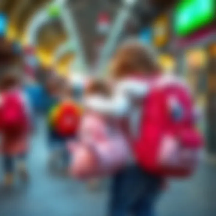 Children playing with fluffy backpacks