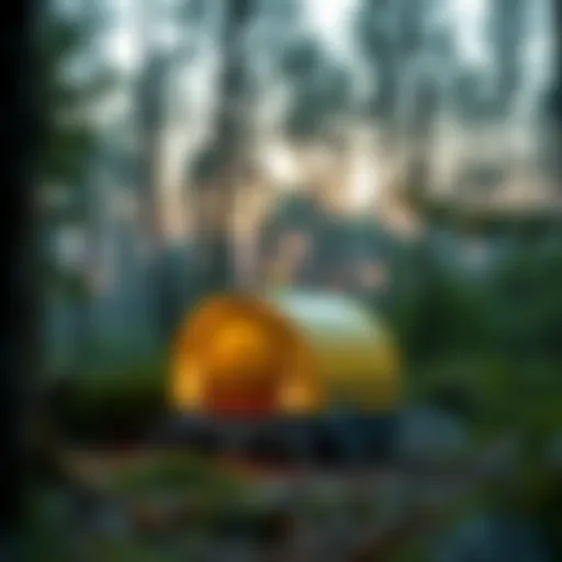 Compact two-person automatic tent set up in a serene forest