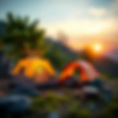 Two-person tent in a picturesque campsite during sunset