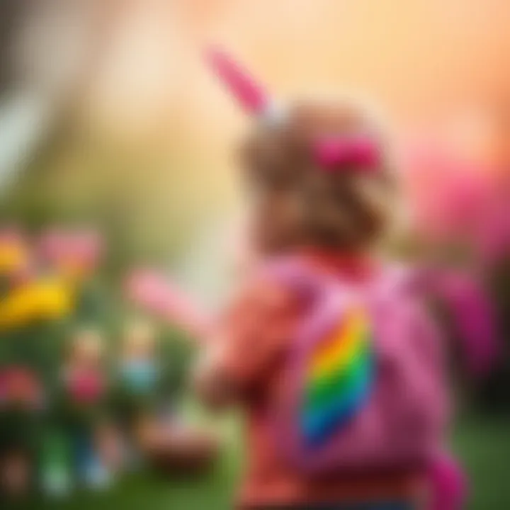 Child with Colorful Unicorn Backpack Child exploring with a colorful unicorn backpack