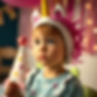 Child wearing a unicorn hat at a birthday party