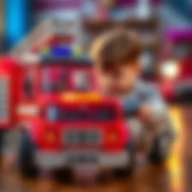 Child interacting with a remote-controlled fire truck