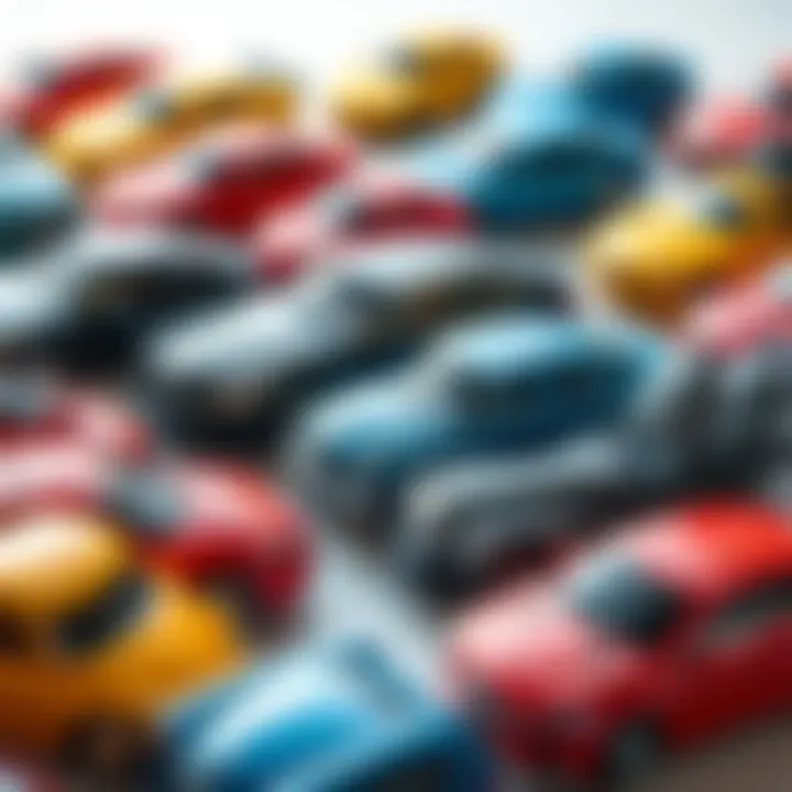 An array of Mercedes metal toy cars displayed, highlighting various designs and colors