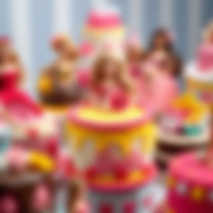 An array of colorful Barbie cakes displaying diverse themes and styles.