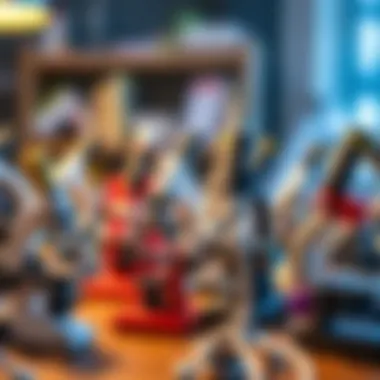 Various toy microscopes displayed on a table