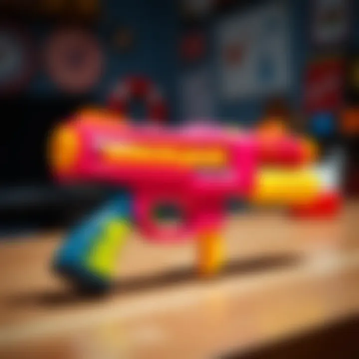 Close-up of a brightly colored shock water gun on a table