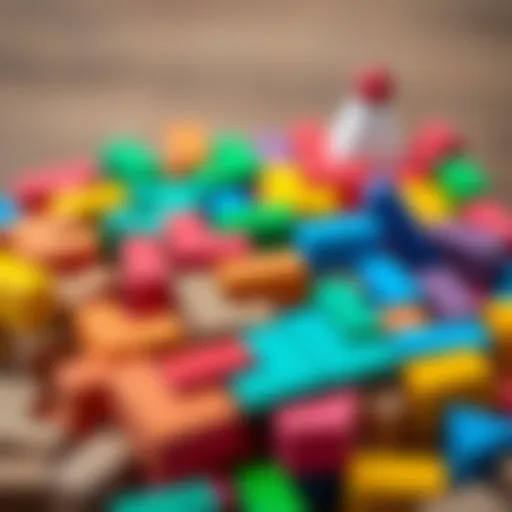 Creative Arrangement of Wooden Tetris Blocks Colorful wooden Tetris blocks arranged in a playful pattern.