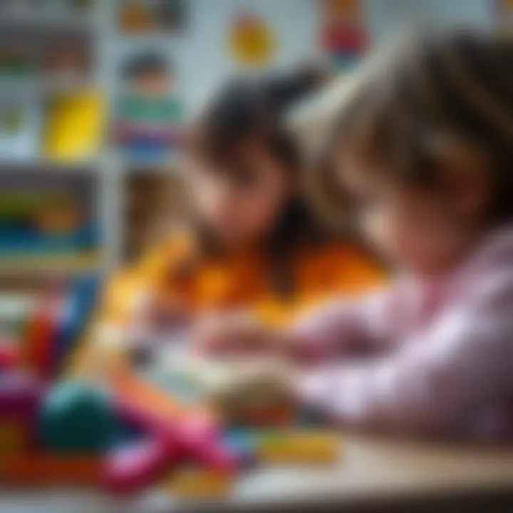 A child engaged in a creative writing game, surrounded by colorful materials.