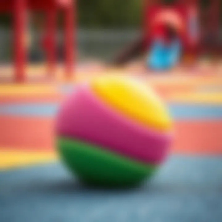 A vibrant soft ball resting on a playground surface