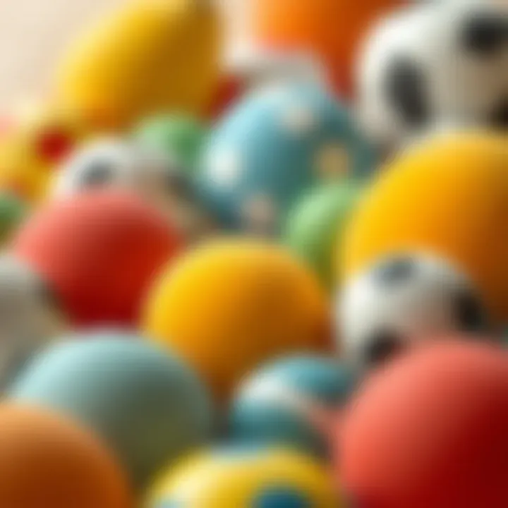 A close-up view of various types of soft balls designed for kids